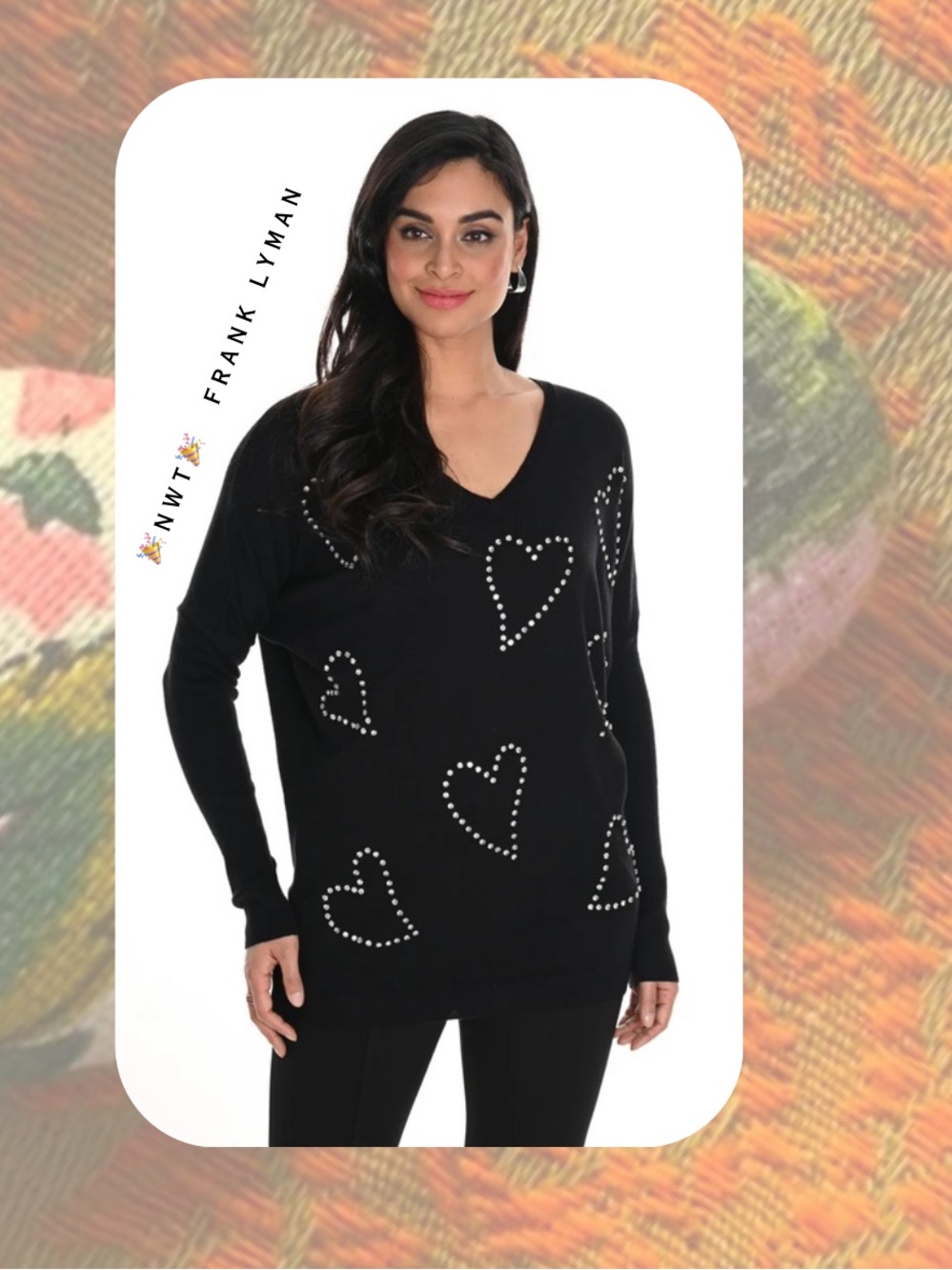 π Frank Lyman Black Knit Pullover Crystal Heart Sweater Lightweight